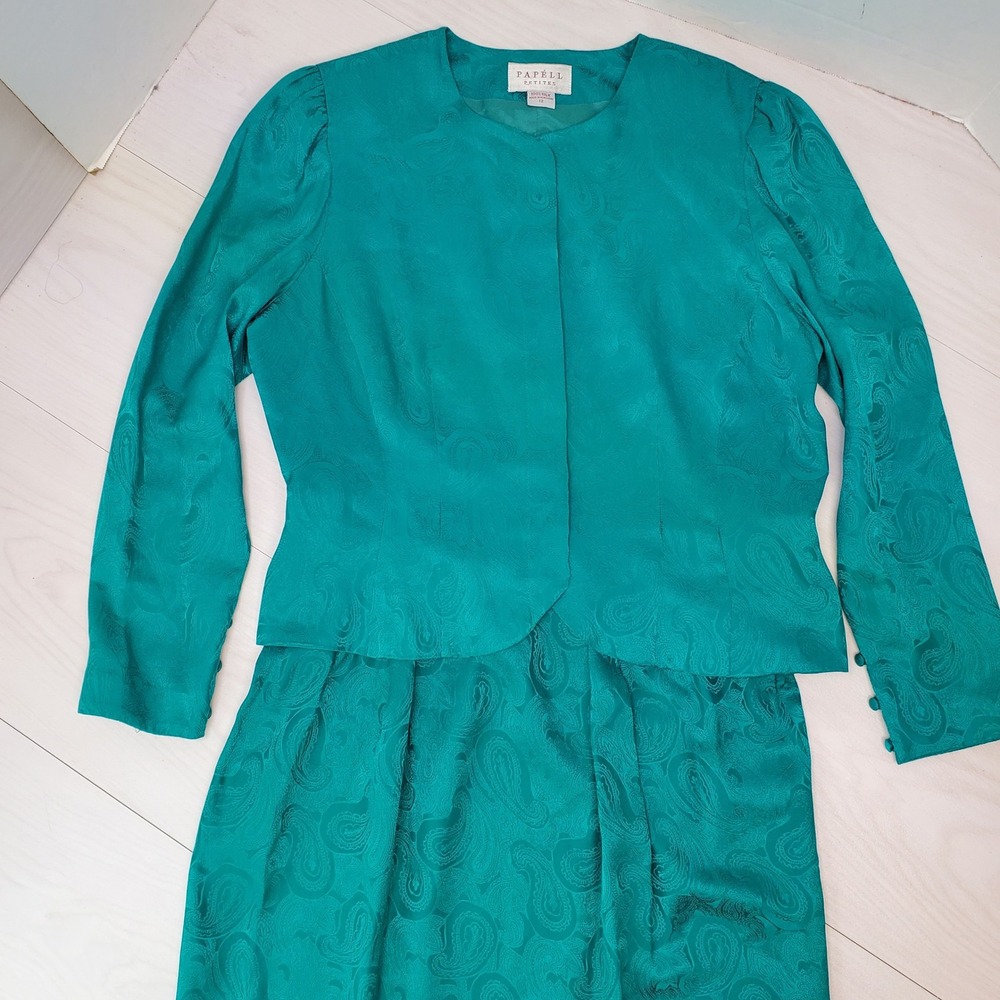 Papell Petites Vintage 100% Silk Teal Paisley Jacquard Skirt Suit Set 12P Luxury - Picture 2 of 16
